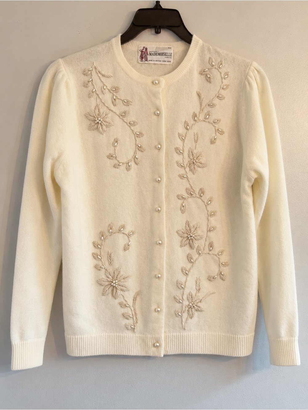 Mademoiselle Cardigan Women 42 US 8 Cream Excellent Vintage Floral Beaded Pearl